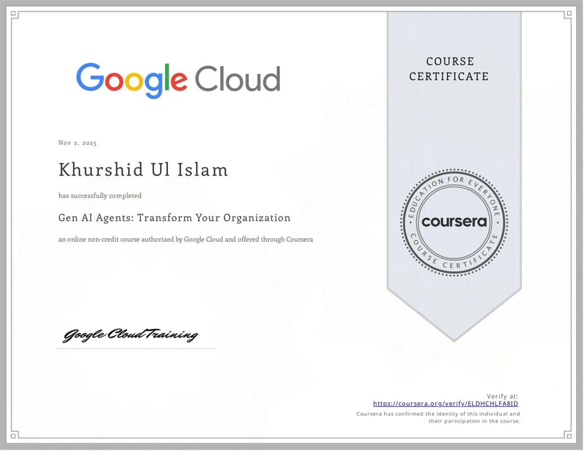 Gen AI Agents: Transform Your Organization, Google Cloud · Coursera, 2025