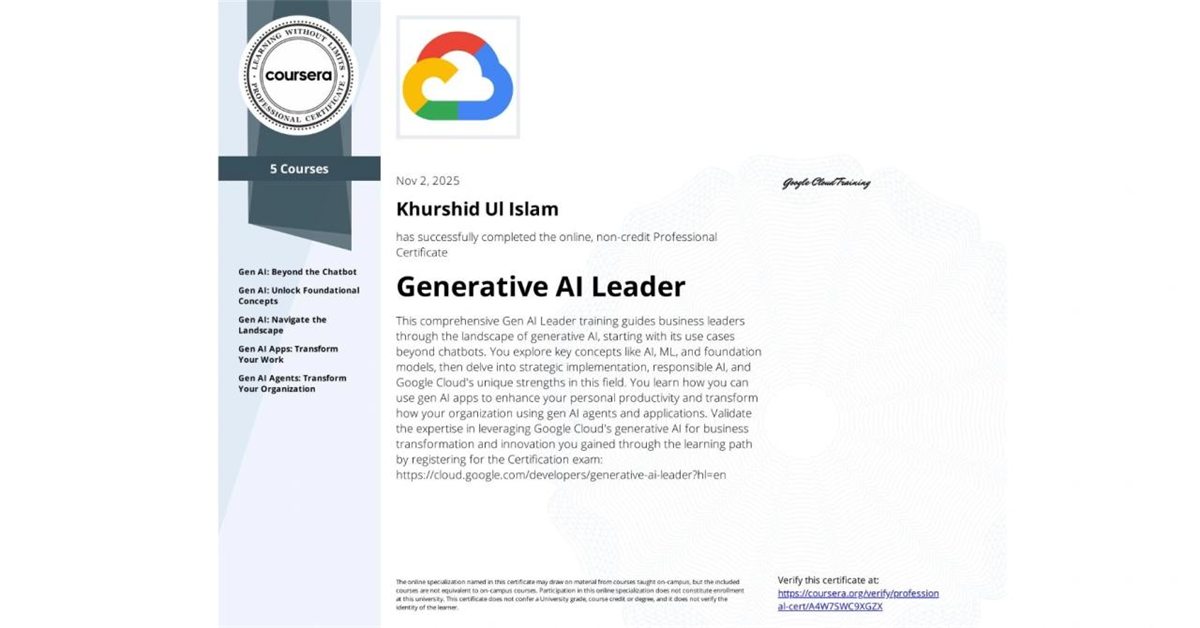 Google Cloud Generative AI Leader, Google Cloud · Coursera, 2025